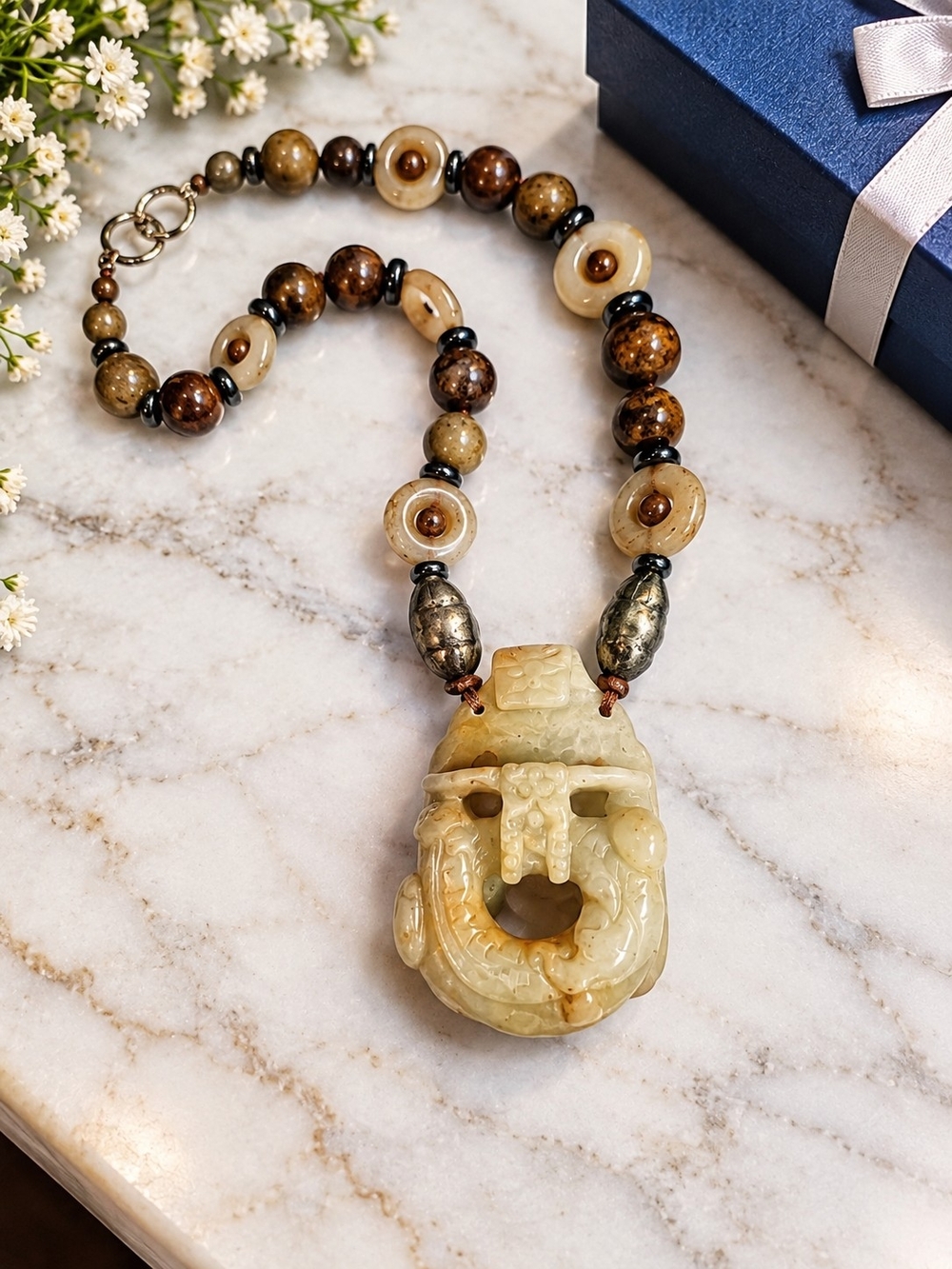 Vintage Carved Hardstone/Jade Pendant Beaded Necklace - 19" Statement Jewelry